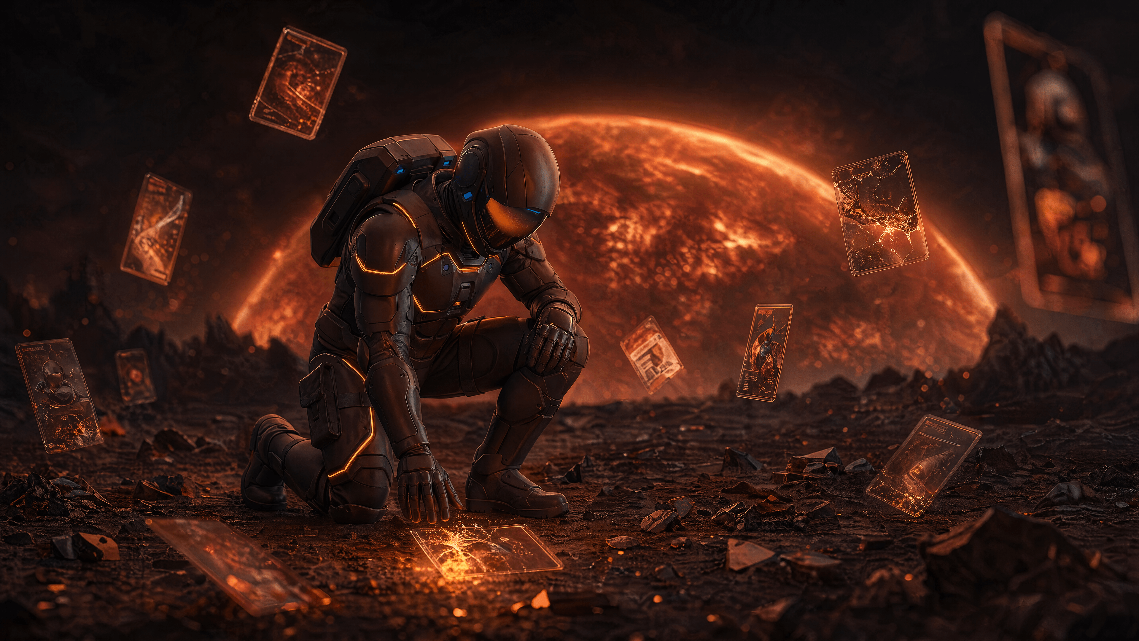 Arc kneeling on a cracked planet, surrounded by floating ad creatives under an ember sun