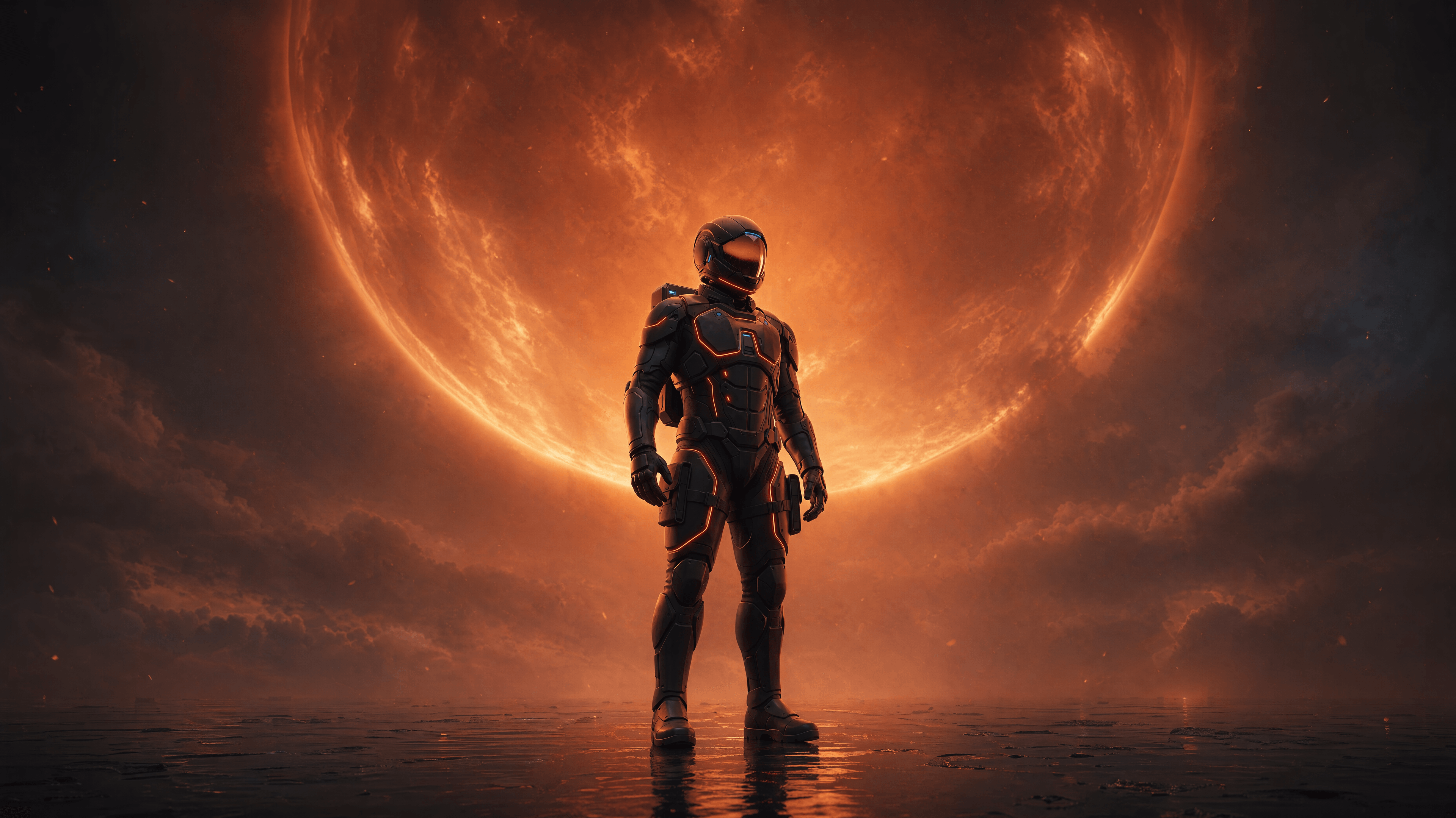 Arc, Arclen's AI operator, standing before a massive ember planet — ready to execute your growth mission