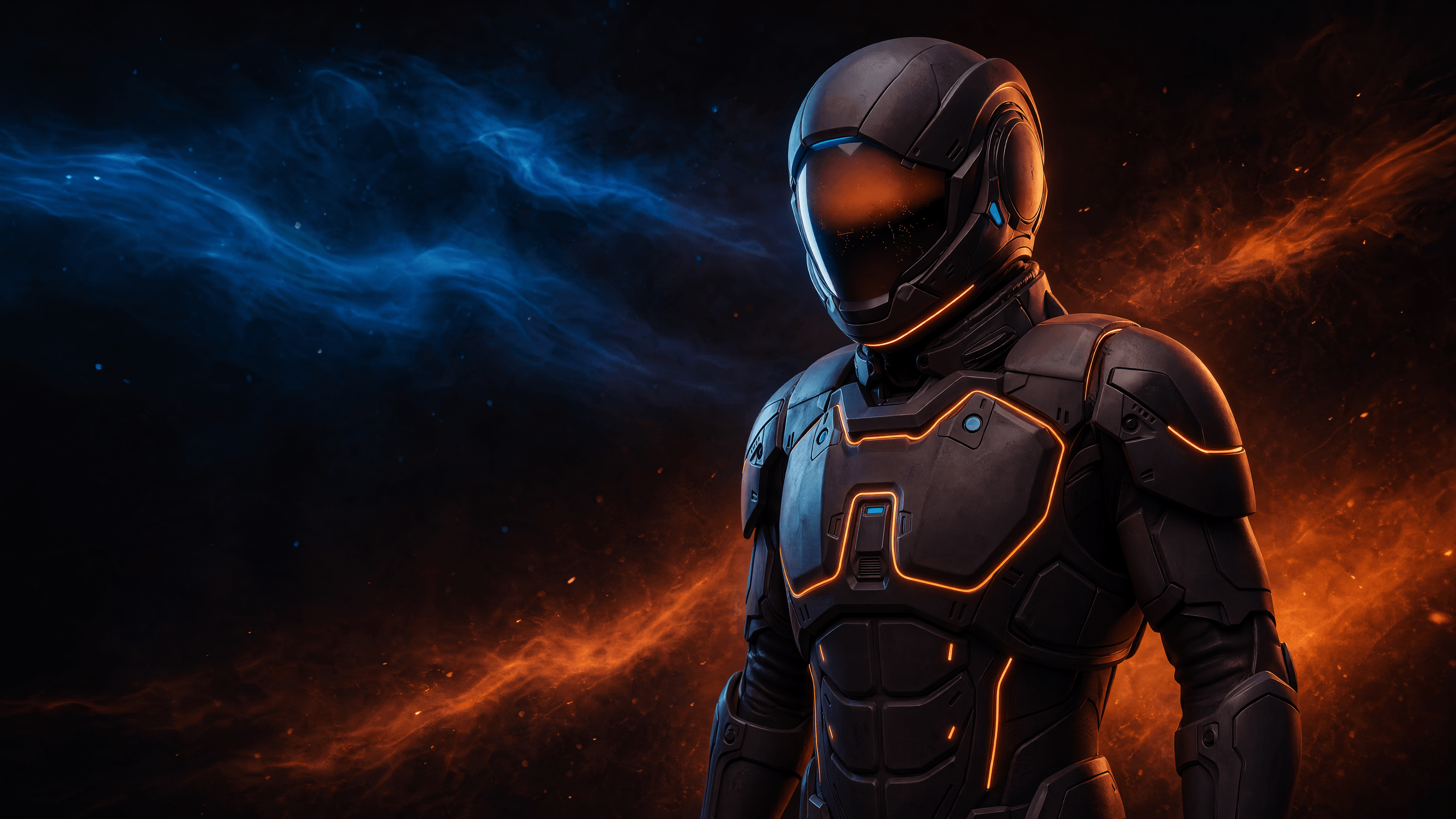 Arc, Arclen's proprietary AI engine, standing between a blue nebula and an ember-orange cosmic field