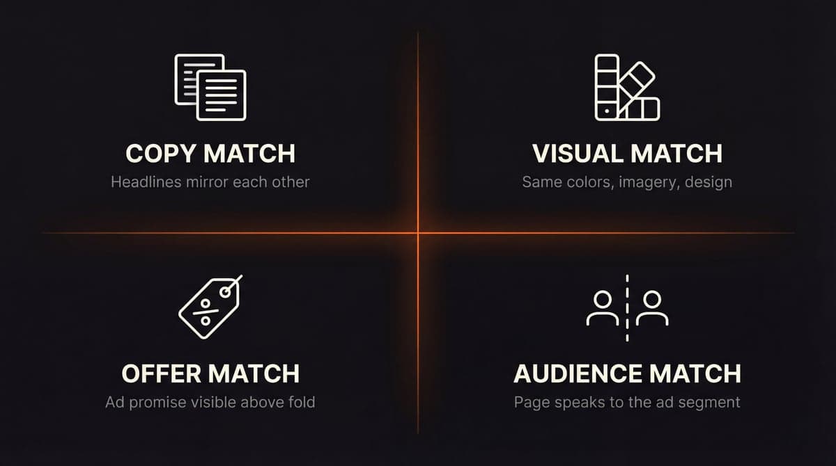 4 types of message match: copy, visual, offer, and audience — with examples of each