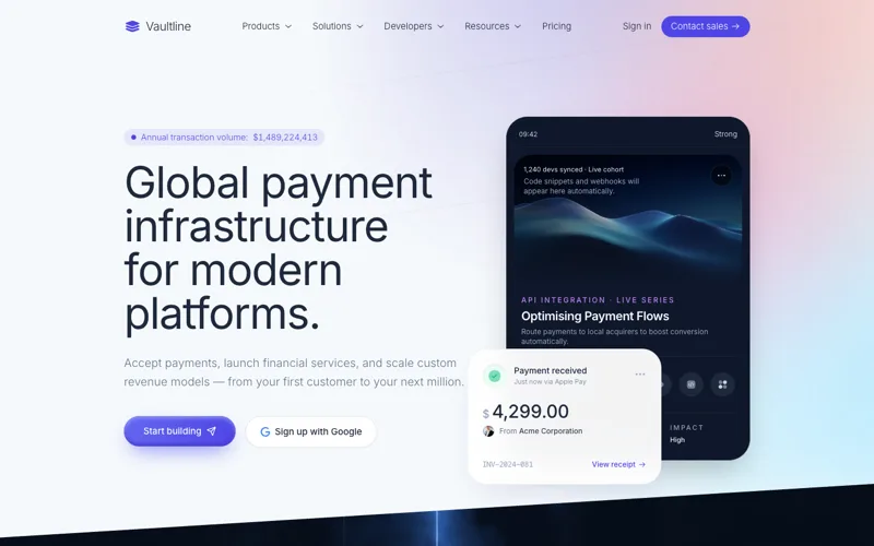 Vaultline — Fintech payments site built with Arclen