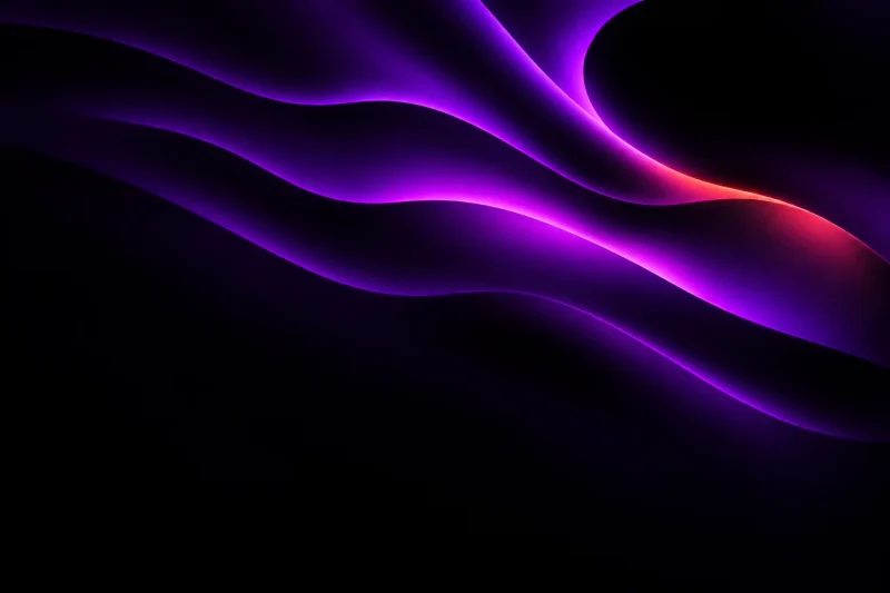 Layered black forms traced by violet and coral light.